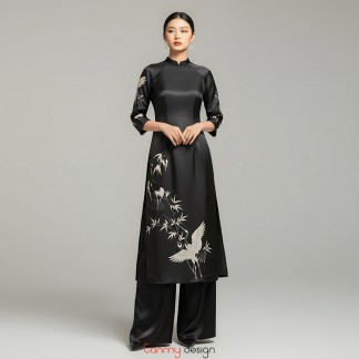 Set Áo Dài Tân Xuân taffeta họa tiết chim hạc